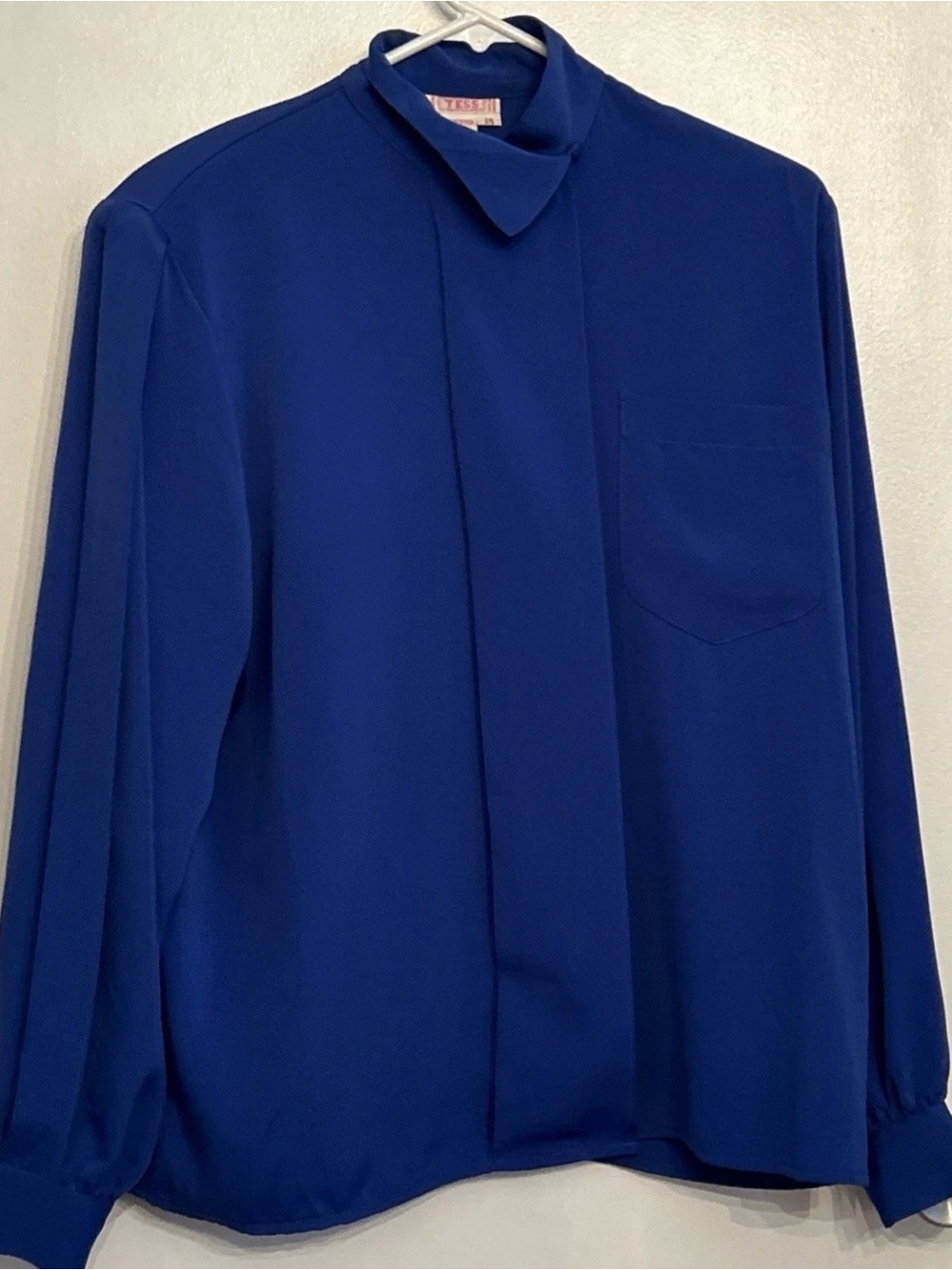 VTG Tess Royal Blue Long Sleeve Blouse High High-Neck Asymmetric Collar Size 14
